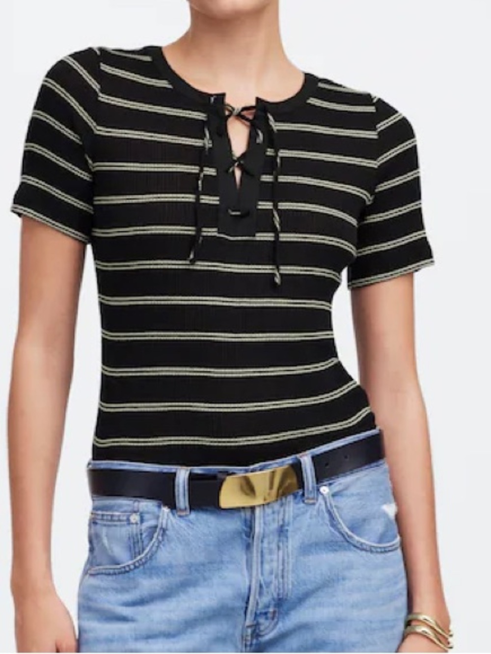 Madewell Black and White Striped Lace-Up Short Sleeve Top